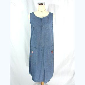 Vintage Godfried Sleeveless Zip Front Denim Twill Dress Strawberries M L 1960s